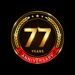 77 years anniversary, golden anniversary celebration logotype with red ribbon isolated on black background, vector illustration