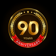 90 years anniversary, golden anniversary celebration logotype with red ribbon isolated on black background, vector illustration