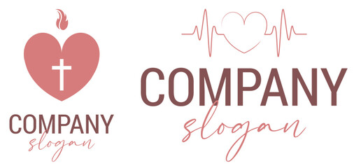Logo de corazón cruz y fuego para organización religiosa o médica en vectores