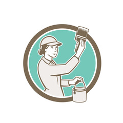 Female House Painter Paintbrush Circle Retro
