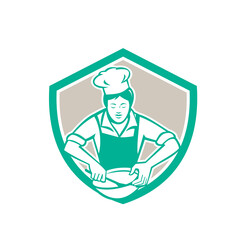 Female Chef Mixing Bowl Shield Retro