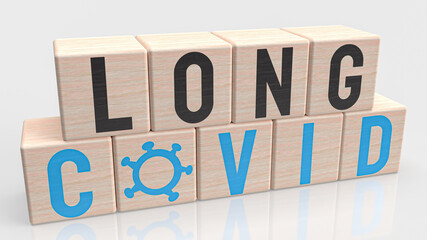 The long covid on wood cube for sci or medical concept 3d rendering