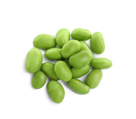 Pile of fresh edamame soybeans on white background, top view