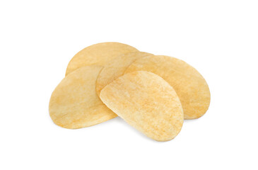 Heap of delicious potato chips on white background