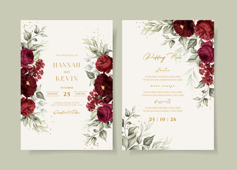Beautiful floral wedding invitation and menu template set with red roses and leaves decoration