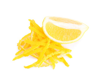 Grated lemon zest and fresh fruit on white background