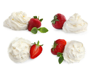 Set with delicious strawberries with whipped cream on white background