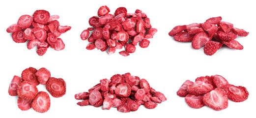 Set with freeze dried strawberries on white background