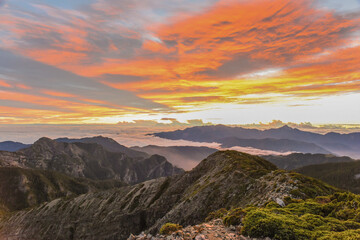 Naklejka na ściany i meble Panoramic View Of The Holy Ridge Aand Glacial Cirque At Sunrise On The Trail To North Peak Of Xue Mountain (Snow mountain) , Shei-Pa National Park, Taiwan