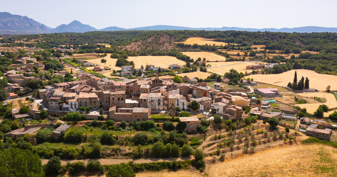 Bird's eye view of Figuerola d'Orcau, town in Isona i Conca Della, Catalonia, Spain.