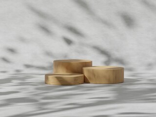 Premium podium display with leaf shadow, Cosmetics or beauty product promotion mockup. Natural stone step pedestal. Trendy minimalist banner, 3D render illustration.