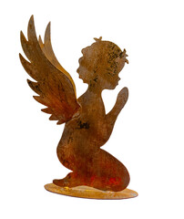 Side view of praying angel figure made of copper