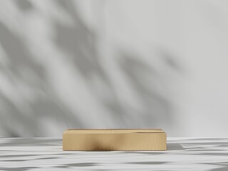 Premium podium display with leaf shadow, Cosmetics or beauty product promotion mockup. Natural stone step pedestal. Trendy minimalist banner, 3D render illustration.