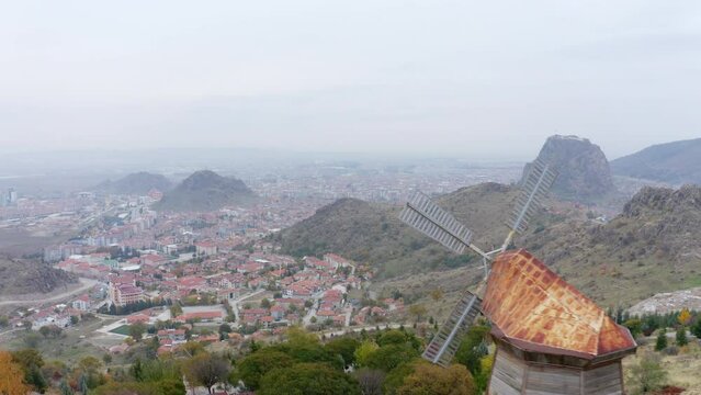 Aerial view of Historical Afyon castle and city landscape in Turkey.