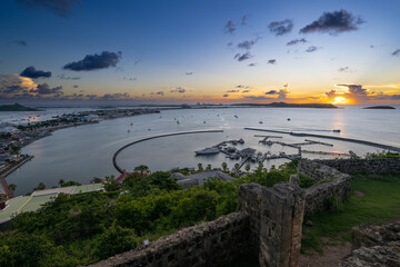 Sunset view from Fort Louis overlooking the harbour at Marigot on the French side of the Caribbean island of St Martin