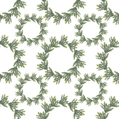Watercolor seamless pattern with green christmas tree fir wreath on white background. Circle frame border template. Hand-drawn art with copy space for new year celebration invite or wallpaper