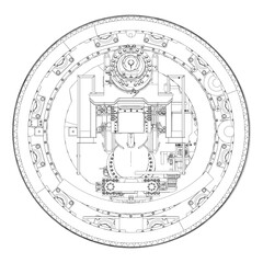 Machine internal cross-section, tunnel boring head, tunnel boring head drawings and machine internal parts, machine internal drive system, industrial operation technology, main drive injection line.
