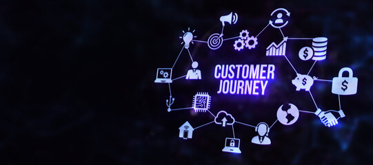 Internet, business, Technology and network concept. Inscription Customer journey on the virtual display. 3d illustration.