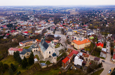 Obraz premium Aerial view of Krasnik town historical center with Cathedral and buildings, Poland