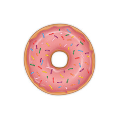 Pyszny donut z różową polewą i kolorową posypką. Smaczny deser z lukrem. Ilustracja słodkiego jedzenia dla piekarni, cukierni, kawiarni, na menu, ulotki, plakat, kartki.