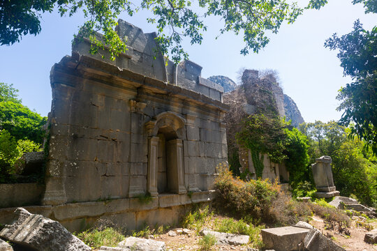 Remains of gymnasium in acnient Pisidian city Termessos. Ancient city in Taurus mountain range, Antalya, Turkey.