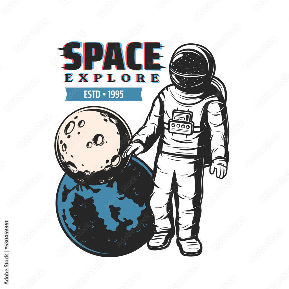 Poster Astronaut with planets, space explore and galaxy spaceflight vector icon. Galactic travel tours and space research adventure emblem with spaceman in spacesuit of shuttle rocket or spaceship