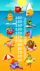 Kids height chart with funny fruits on summer beach leisure, vector growth meter. Cartoon characters, pineapple, orange and apple, peach, watermelon, kiwi and pear fruits on summer vacations at sea