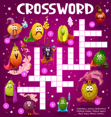 Crossword grid worksheet, find a word quiz game. Cartoon fruit wizard, magician and sorcerer personage. Vector orange, melon, carambola, lychee and bergamot, feijoa, plum, pear, papaya and grape
