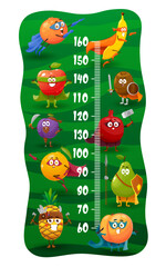 Kids height chart, cartoon superhero and defender fruit vector characters. Growth measure meter wall sticker with brave apple, banana, orange, pineapple or peach, banana, kiwi, plum and pear
