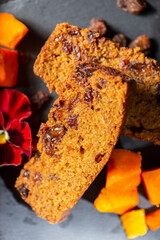 Fresh homemade moist pumpkin quick bread with sultanas