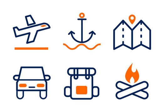 Set of travel icons with two colors.
