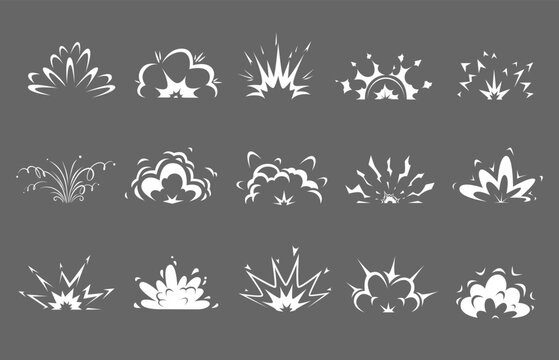 Cartoon bomb explosion. Comic clouds silhouettes of blast smoke and burst fire splashes. Vector effects of dynamite bomb explosion with fire flashes, explosive energy motion trails, dust and smoke