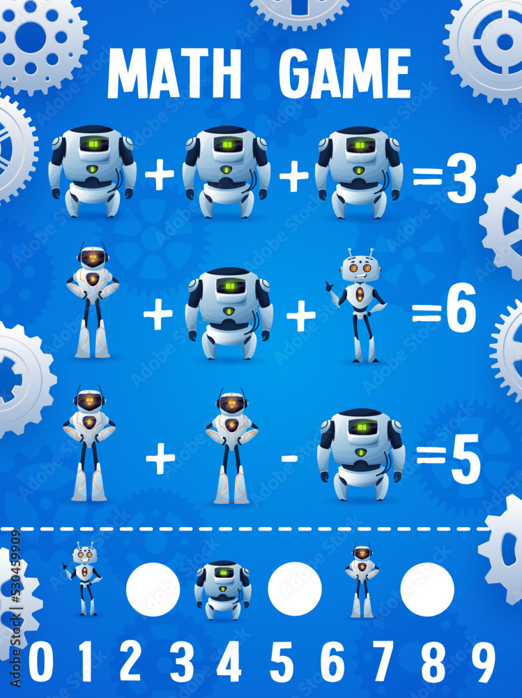Poster math game worksheet of cartoon robots and droids with gears frame. kids education vector puzzle quiz