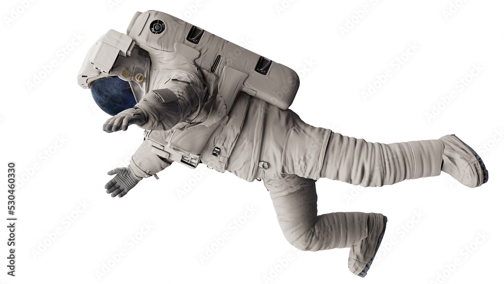 Poster astronaut, person in spacesuit floating in outer space, isolated