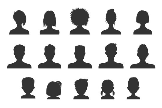 Avatar silhouettes, people profile heads of man and woman. User portrait or person vector avatar silhouette in social net, male and female avatar face picture default in black
