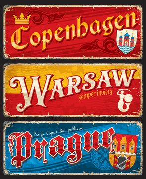 Copenhagen, Warsaw, Prague city travel stickers and plates, vector tin signs. Denmark, Poland and Czech republic cities tourism banners, Europe destination luggage tags and travel baggage labels