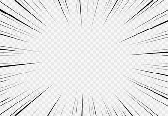 Naklejka premium Manga transparent background. Comic explosion, motion speed vector radial lines of action effect. Anime comics book abstract frame with black pattern of superhero action lines, explosion or burst rays