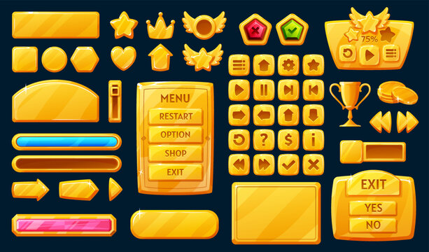 Golden interface game buttons, ui, gui elements. Vector set pop-up window with main menu, options panel, progress bar, health scale, direction keys and indicators. User icons kit, dashboard game asset