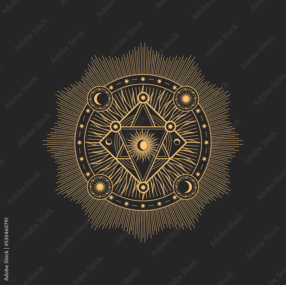 Poster Occult esoteric symbol, magic talisman with moon and star, sun occultism. Vector alchemy magic sign, masonic or freemason mystic amulet