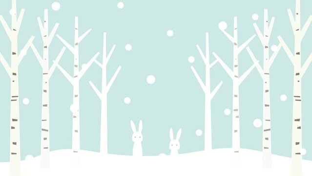 うさぎのいる白樺の森に雪が降っているアニメーション　うさぎにズームするバージョン