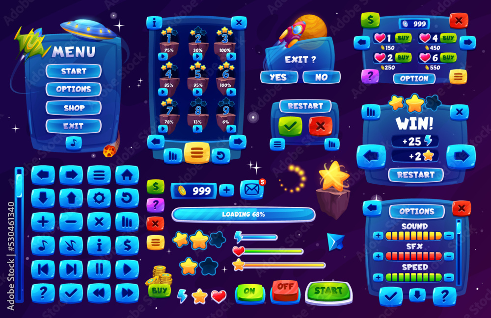 Poster galaxy space game interface. ui game buttons, gui elements game asset. vector user icons, stars and 