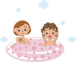 桜湯の温泉に入る仲良し女性