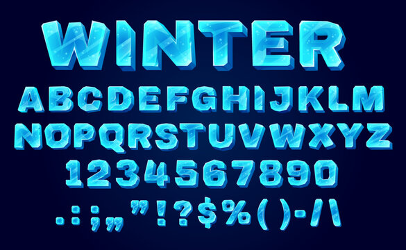 Ice crystal font, typeface, type alphabet. Cartoon vector abc letters, blue uppercase characters, digits and signs. Winter frozen english or latin font, isolated typeset, ice type