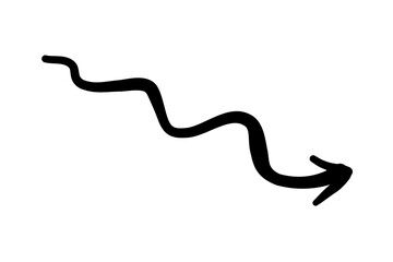 Abstract hand drawn arrow. Icon or sticker of black wavy direction indicator. Down and Left. Design element for applications and websites. Cartoon simple linear vector illustration in doodle style