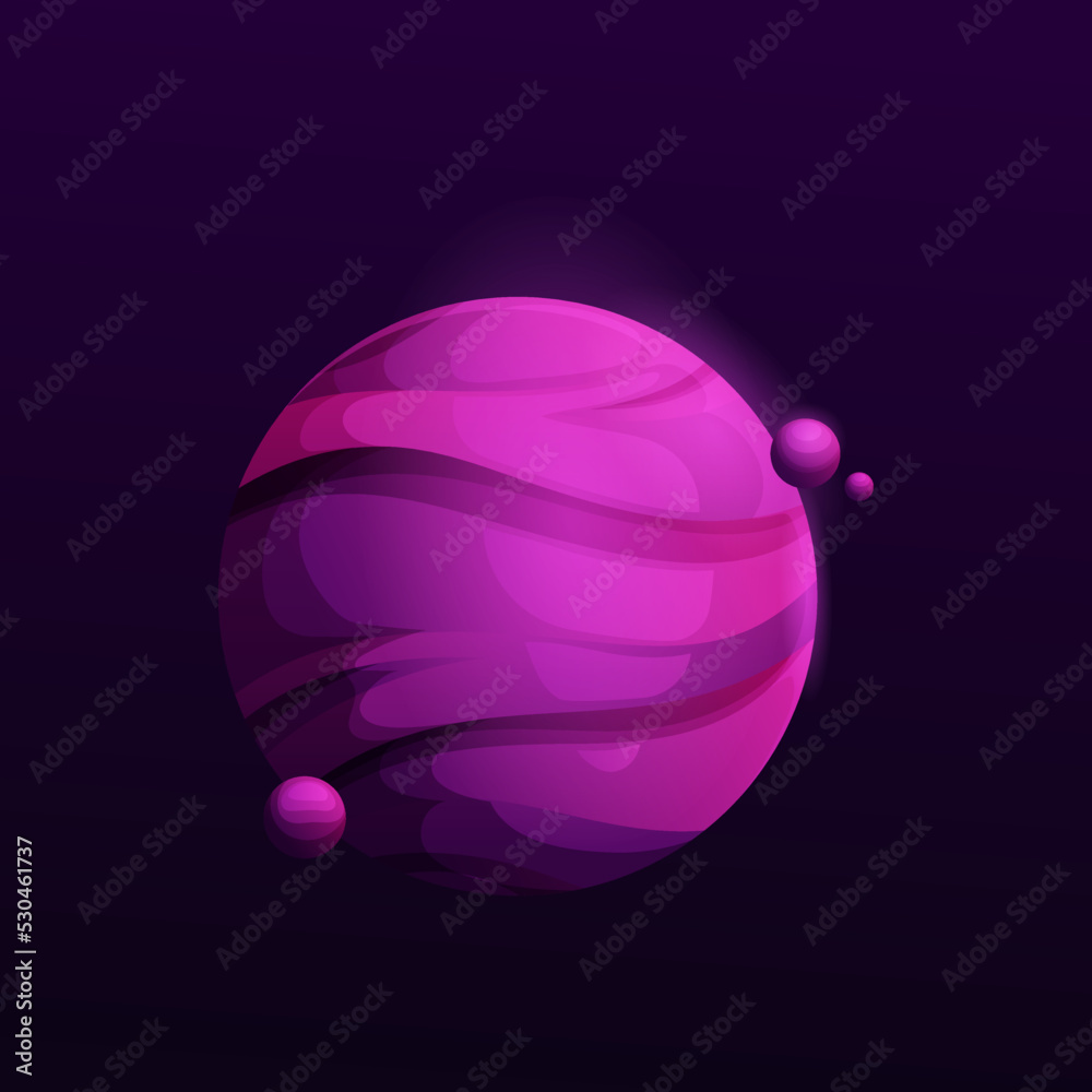 Poster dark purple space planet with satellites. mysterious vector violet cosmic object with stripes on sur