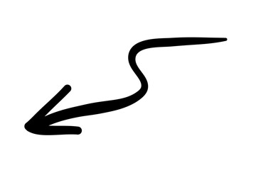 Abstract hand drawn arrow. Icon or sticker with fast dynamic direction indicator. Wavy pointer. Design element for application user interface. Cartoon simple linear vector illustration in doodle style