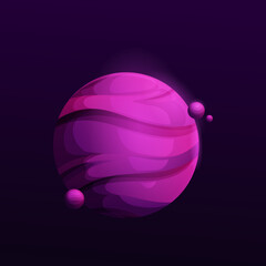 Dark purple space planet with satellites. Mysterious vector violet cosmic object with stripes on surface. Galaxy striped cartoon globe in universe, ui game fantasy meteor, isolated astronomical sphere