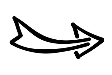 Abstract hand drawn arrow. Wide pointer with black frame. Direction indicator to right and forward. Design element for app user interface. Cartoon simple linear vector illustration in doodle style