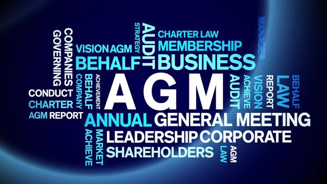 AGM - Annual General Meeting acronym animated tag word cloud;text design animation kinetic typography seamless loop.