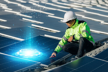 Male electrician in white safety helmet standing on ladder and mounting photovoltaic solar panel under beautiful blue sky. Concept of alternative sources of energy.